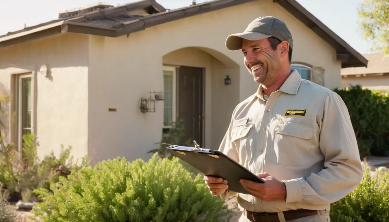 A friendly pest control provider talking with a homeowner outside a stucco ranch home in Rancho Cordova