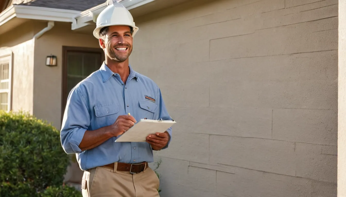 Friendly pest control provider talking with a homeowner beside a stucco ranch home in Rancho Cordova